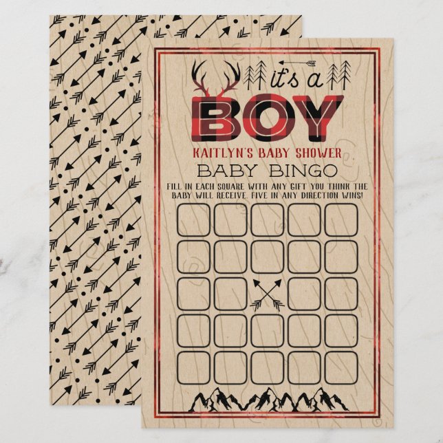 It's A Boy! Rustic Plaid Lumberjack Baby Bingo (Front/Back)
