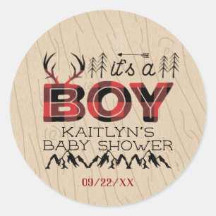 It's A Boy! Rustic Plaid Lumberjack Baby Shower Classic Round Sticker
