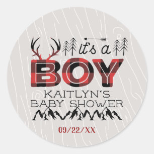 It's A Boy! Rustic Plaid Lumberjack Baby Shower Classic Round Sticker