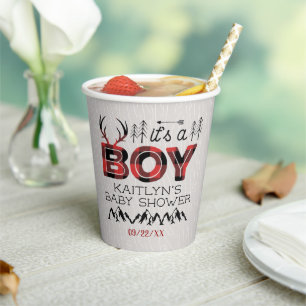 It's A Boy! Rustic Plaid Lumberjack Baby Shower Paper Cups