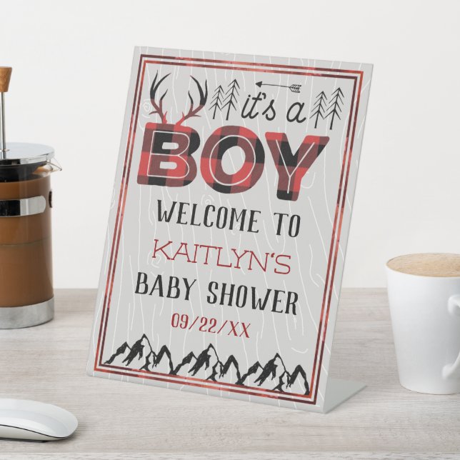 It's A Boy! Rustic Plaid Lumberjack Baby Shower Pedestal Sign (In SItu)