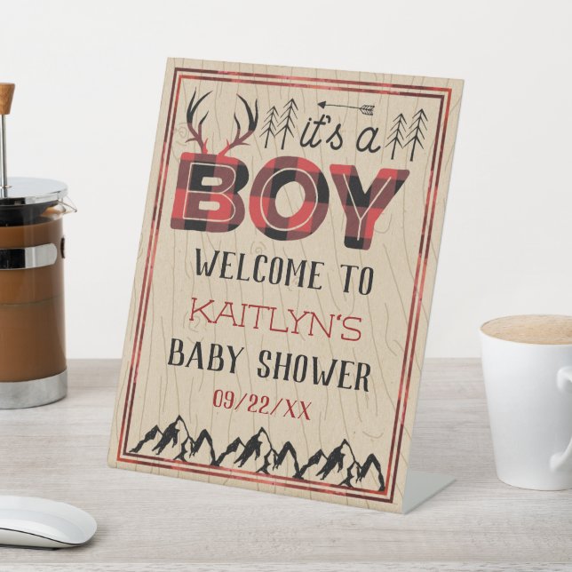 It's A Boy! Rustic Plaid Lumberjack Baby Shower Pedestal Sign (In SItu)
