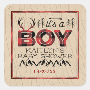 It's A Boy! Rustic Plaid Lumberjack Baby Shower Square Sticker