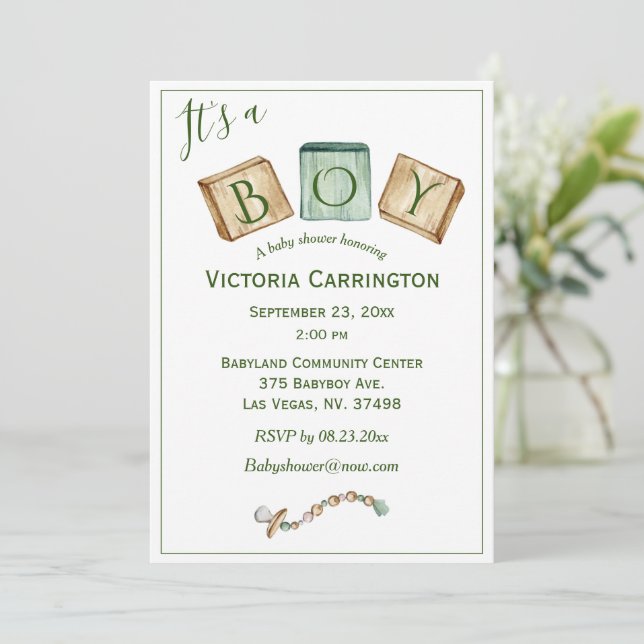 Its a Boy Rustic Watercolor Baby Invitation (Standing Front)