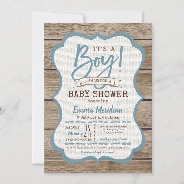 It's a Boy! Rustic Wood Baby Shower Invitation (Front)
