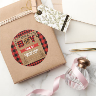 It's a boy Rustic Wood Plaid Baby Shower Classic Round Sticker