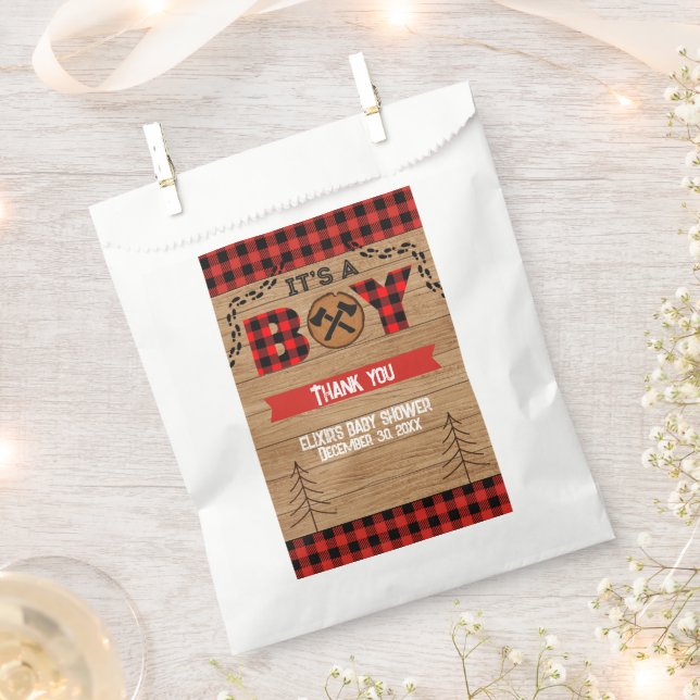 It's a boy Rustic Wood Plaid Baby Shower Favour Bags (Clipped)