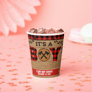 It's a boy Rustic Wood Plaid Baby Shower Paper Cups