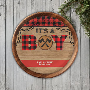 It's a boy Rustic Wood Plaid Baby Shower Paper Plate