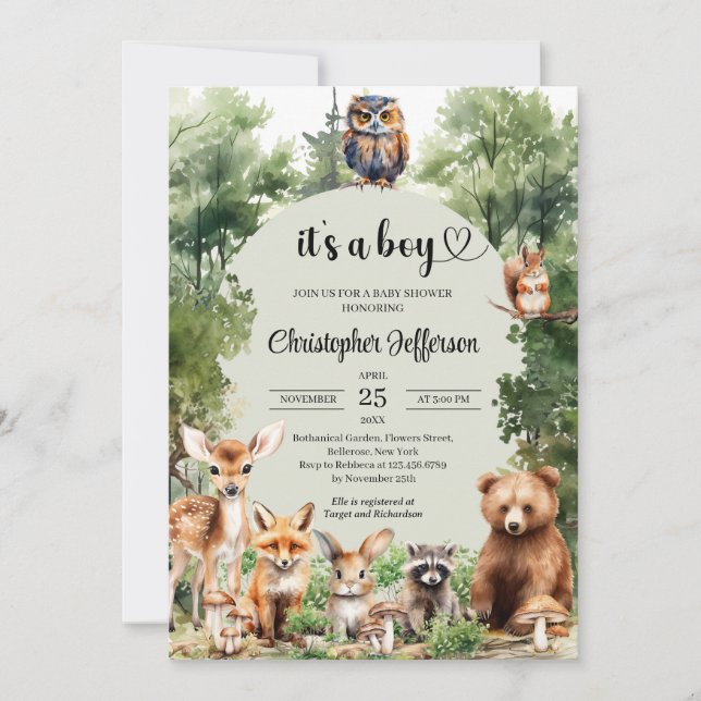 It's a boy rustic woodland animals baby shower invitation (Front)