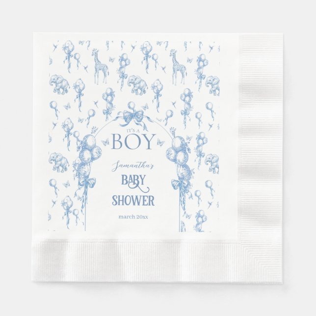 It's a Boy Safari Animal Blue Balloon Baby Shower Napkin (Front)