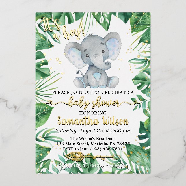 It's a Boy Safari Elephant Baby Shower Real Foil I (Front)