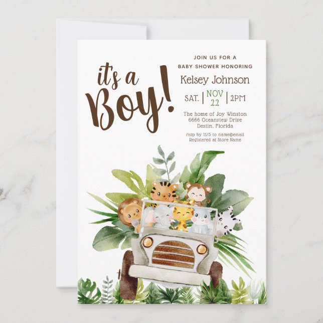 It's A Boy Safari Jungle Animals Baby Shower  Invitation (Front)