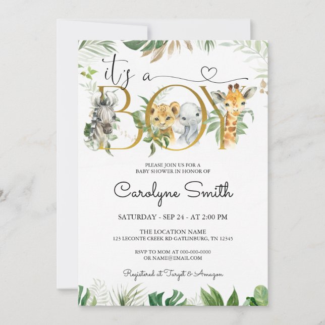 It's A Boy Safari Jungle Baby Shower Invitation (Front)