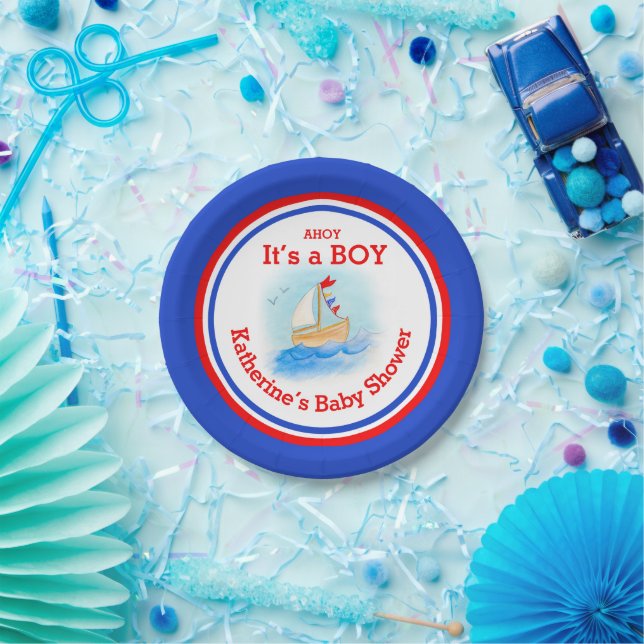 It's a boy sail boat baby shower customised plate (Party)