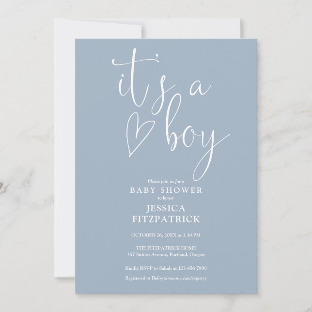 Its a Boy Script Heart Dusty Blue Boy Baby Shower Invitation (Front)