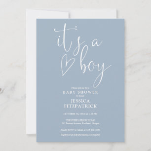 Its a Boy Script Heart Dusty Blue Boy Baby Shower Invitation
