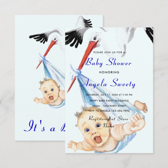 It's a Boy Shower Invitation Stork Carrying Baby (Front/Back)