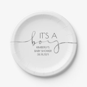 It's A Boy Silver Script Baby Shower Modern Paper Plate