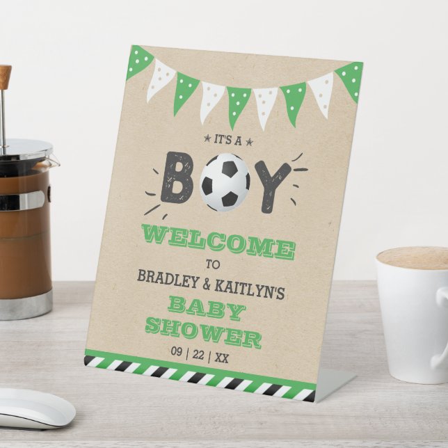 It's A Boy! Soccer Themed Baby Shower Welcome Pedestal Sign (In SItu)