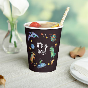 It's a Boy Space Dinosaur Galaxy Baby Shower Party Paper Cups