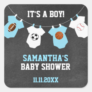 IT'S A BOY Sports Theme Baby Shower Chalkboard Boy Square Sticker