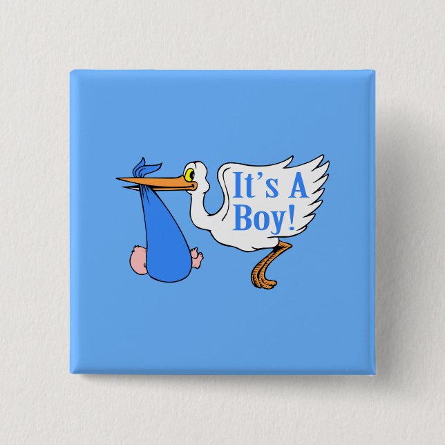 It's A Boy! (Stork And Baby Bundle) 15 Cm Square Badge (Front)