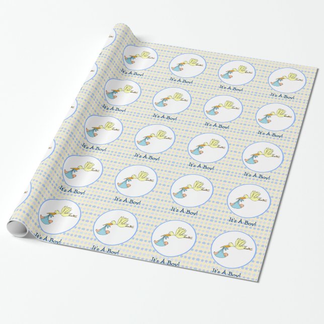 It's A Boy Stork Carrying Baby Boy Baby Shower Wrapping Paper (Unrolled)