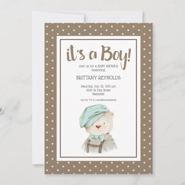 It's a Boy Tan Polka Dot Teddy Bear Baby Shower Invitation (Front)