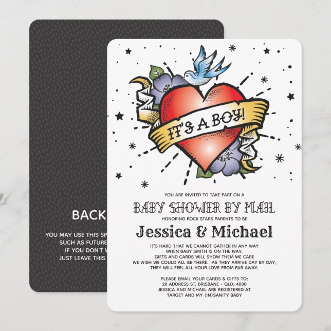 It's a Boy Tattoo Heart Baby Shower by Mail Invitation (Front/Back)