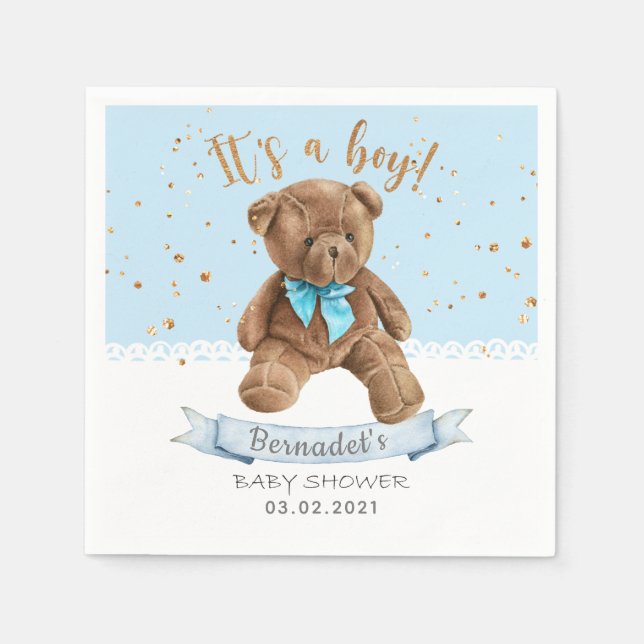 It's a boy! Teddy Bear Baby Shower Napkin (Front)