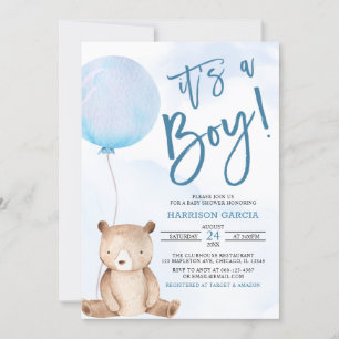 It's A Boy Teddy Bear Blue Balloon Baby Shower Invitation