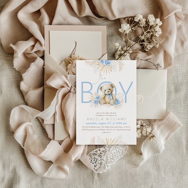 It's a Boy Teddy Bear Boho Blue Baby Shower Invitation (Creator Uploaded)