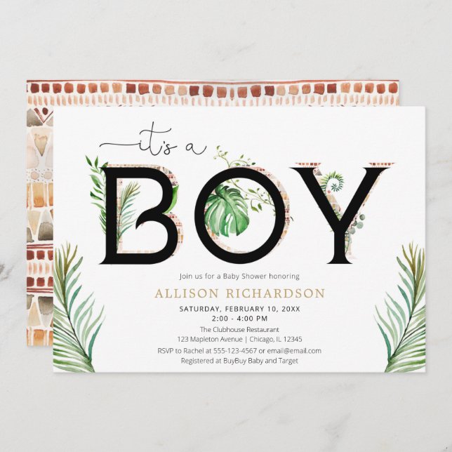 It's a boy tribal jungle greenery palm baby shower invitation (Front/Back)