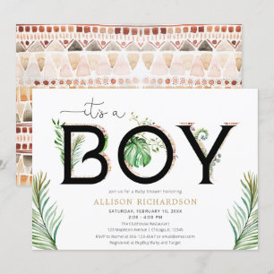 It's a boy tribal jungle greenery palm baby shower invitation