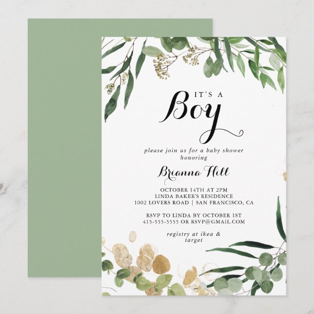  It's A Boy Tropical Gold Green Baby Shower  Invitation (Front/Back)