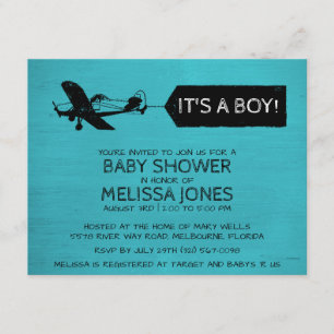 It's A Boy Turquoise Aeroplane Baby Shower Invite