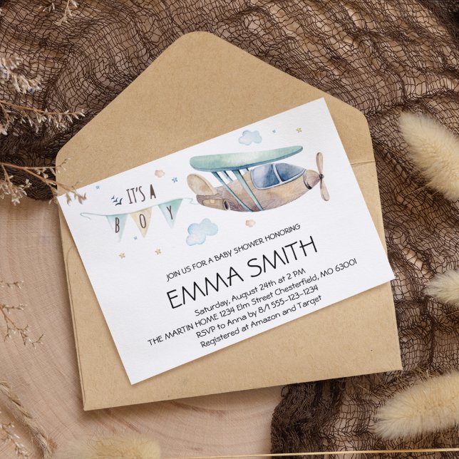 It's a Boy Watercolor Aeroplane Baby Boy Shower Invitation (Creator Uploaded)