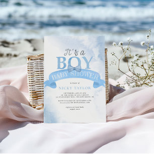 It's a Boy Watercolor Blue Dusty Bow Baby Shower Invitation