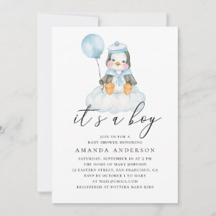 Its a boy. Watercolor cute penguin baby shower Invitation
