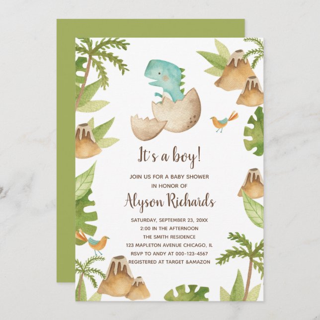  It's a boy Watercolor Dinosaur Baby Shower Invitation (Front/Back)