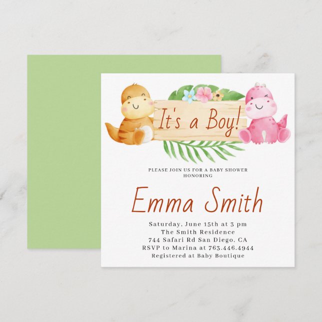 It's a Boy Watercolor Dinosaur Baby Shower Invitation (Front/Back)