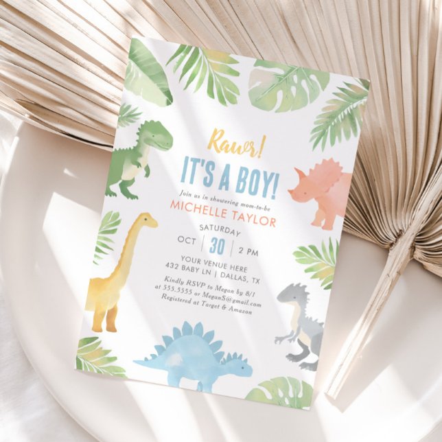 It's a Boy Watercolor Dinosaur Baby Shower Invitation (Creator Uploaded)