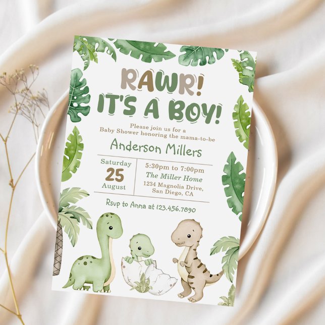 It's a Boy Watercolor Dinosaur Baby Shower Invitation (Creator Uploaded)