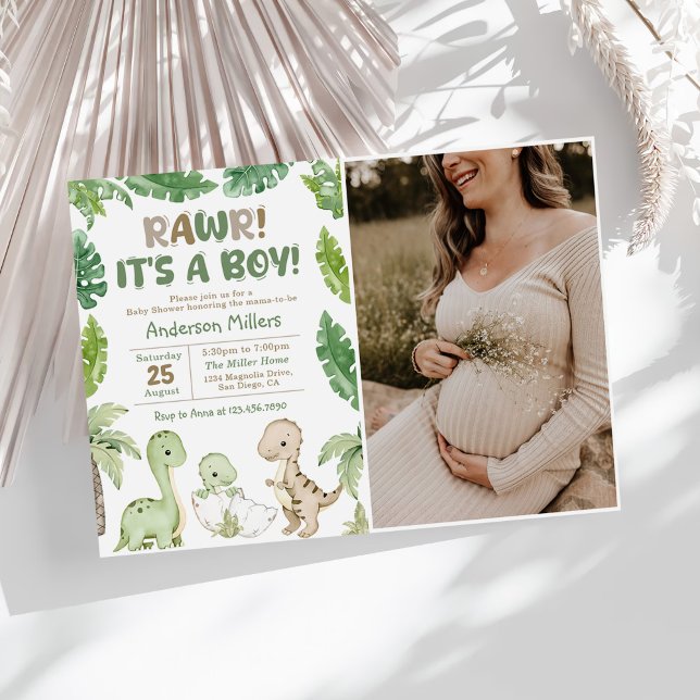 It's a Boy Watercolor Dinosaur Baby Shower Photo Invitation (Creator Uploaded)