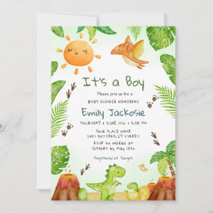 it's a boy watercolor Dinosaur Greenery Boy Baby  Invitation
