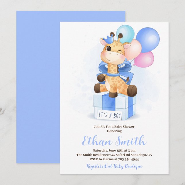 It's a Boy Watercolor Giraffe Baby Shower  Invitation (Front/Back)