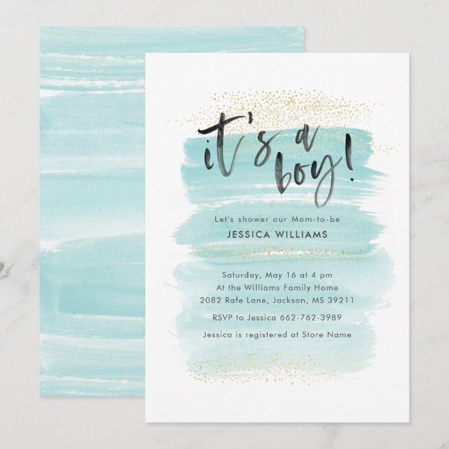 It's a Boy Watercolor & Gold Confetti Baby Shower Invitation (Front/Back)