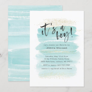 It's a Boy Watercolor & Gold Confetti Baby Shower Invitation