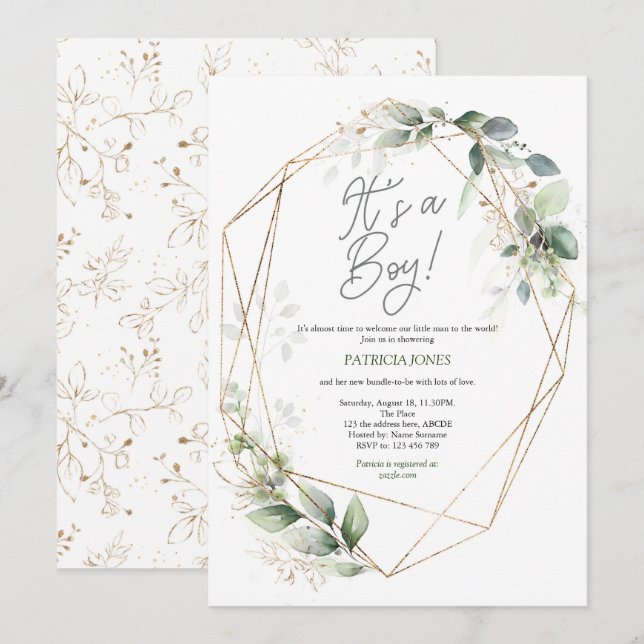 Its a boy, Watercolor, Greenery, Baby Shower Invitation (Front/Back)